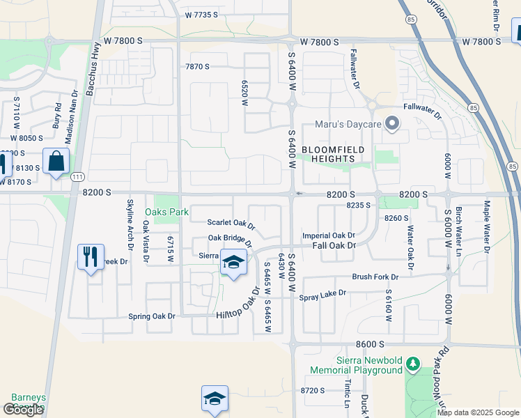 map of restaurants, bars, coffee shops, grocery stores, and more near 8246 Oak Acorn Court in West Jordan