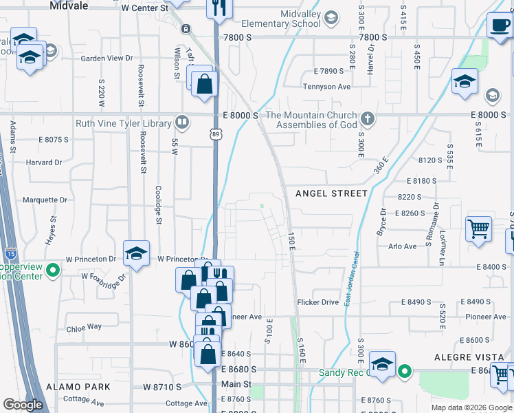 map of restaurants, bars, coffee shops, grocery stores, and more near 90 East Resaca Drive in Sandy