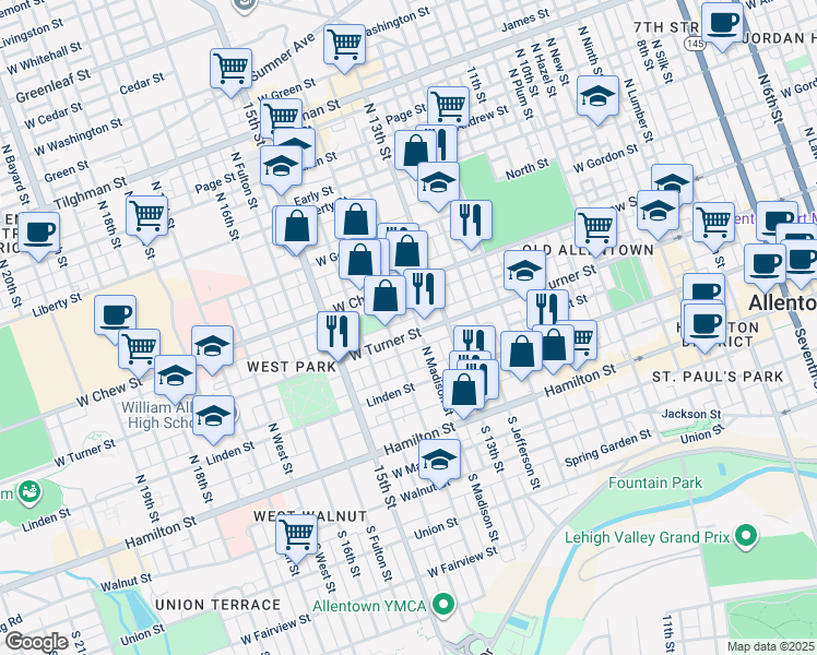 map of restaurants, bars, coffee shops, grocery stores, and more near 1335 West Turner Street in Allentown