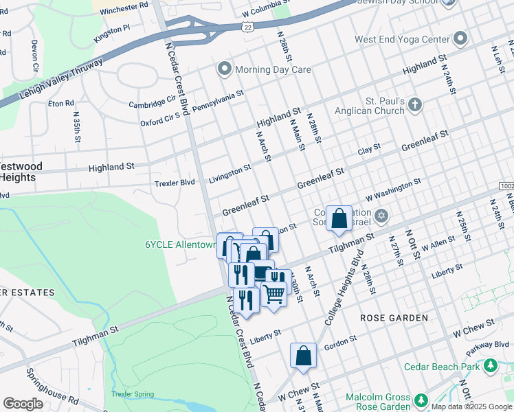 map of restaurants, bars, coffee shops, grocery stores, and more near 3014 Greenleaf Street in Allentown