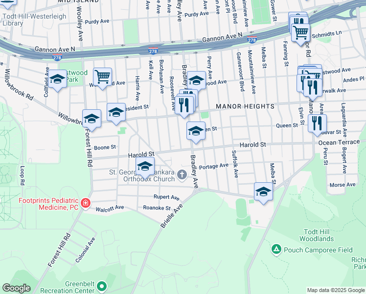map of restaurants, bars, coffee shops, grocery stores, and more near 366 Bradley Avenue in Staten Island