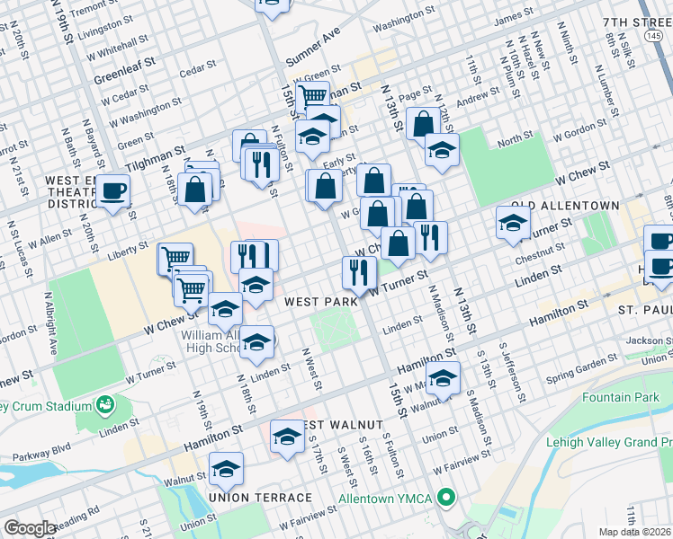 map of restaurants, bars, coffee shops, grocery stores, and more near in Allentown