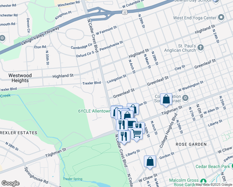 map of restaurants, bars, coffee shops, grocery stores, and more near 3056 West Whitehall Street in Allentown