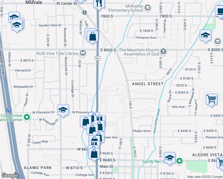 map of restaurants, bars, coffee shops, grocery stores, and more near 74 East Resaca Drive in Sandy