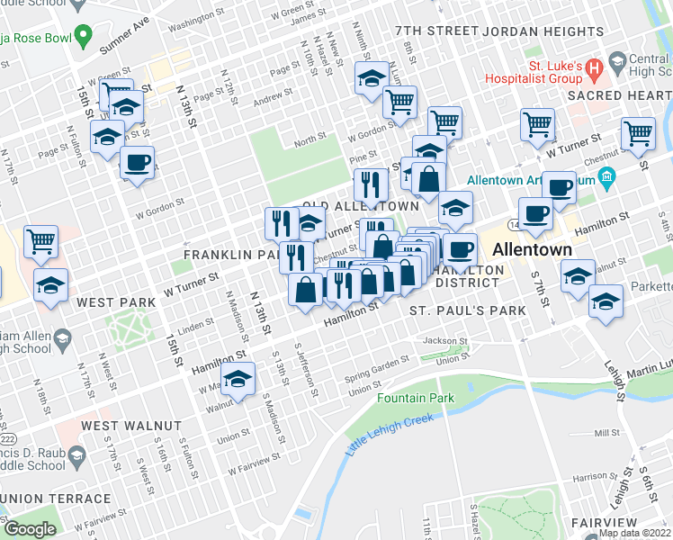 map of restaurants, bars, coffee shops, grocery stores, and more near 1101 Linden Street in Allentown