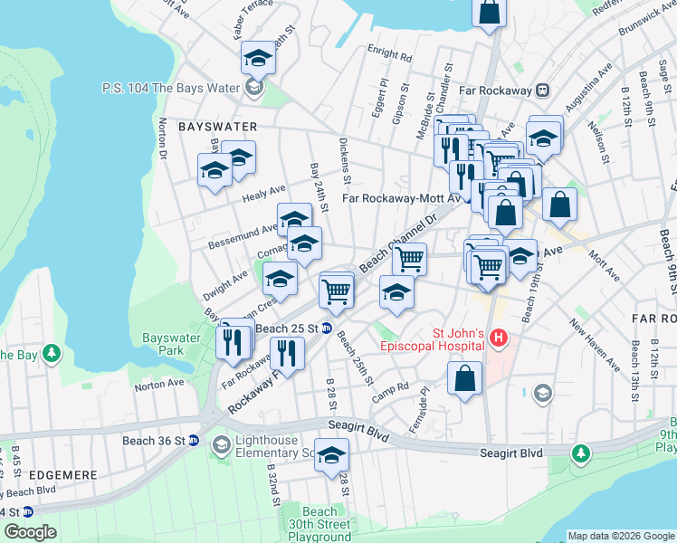 map of restaurants, bars, coffee shops, grocery stores, and more near 24-02 Dickens Street in Queens