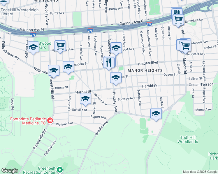 map of restaurants, bars, coffee shops, grocery stores, and more near 366 Bradley Avenue in Staten Island
