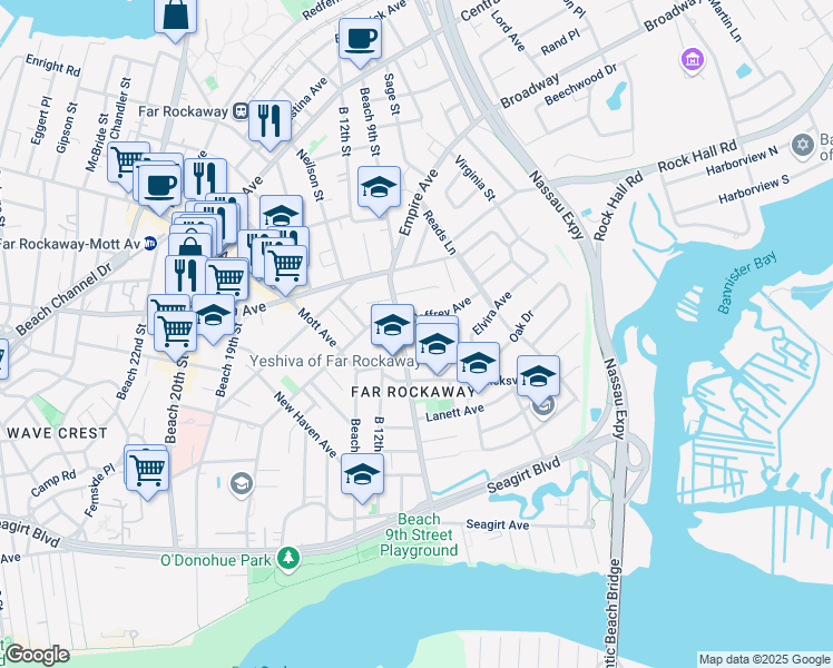 map of restaurants, bars, coffee shops, grocery stores, and more near 815 Caffrey Avenue in Queens