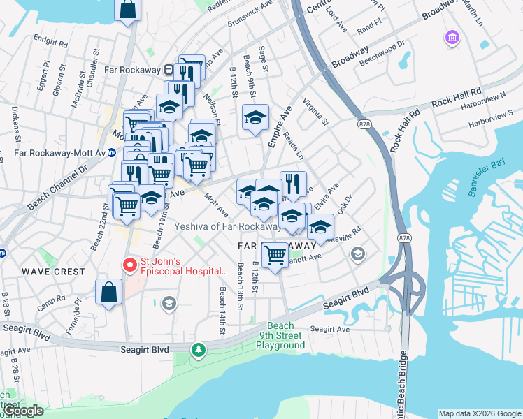 map of restaurants, bars, coffee shops, grocery stores, and more near 9-2 Caffrey Avenue in Queens