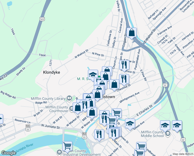 map of restaurants, bars, coffee shops, grocery stores, and more near 214 East 4th Street in Lewistown