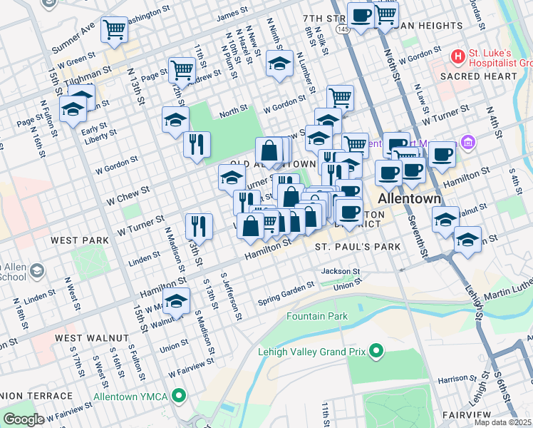 map of restaurants, bars, coffee shops, grocery stores, and more near 1081 West Linden Street in Allentown