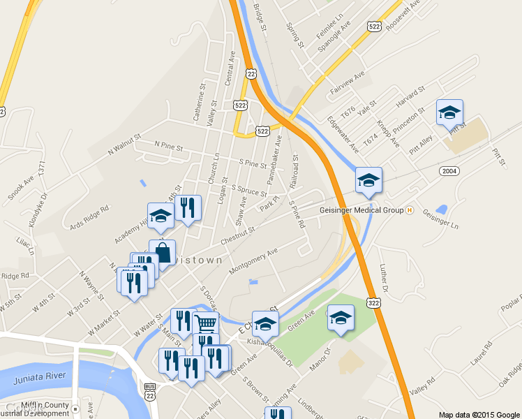 map of restaurants, bars, coffee shops, grocery stores, and more near 22 Park Place in Lewistown