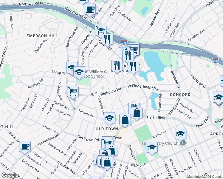 map of restaurants, bars, coffee shops, grocery stores, and more near 35 Stonegate Drive in Staten Island