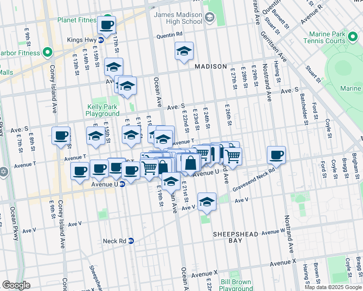 map of restaurants, bars, coffee shops, grocery stores, and more near 2016 East 22nd Street in Brooklyn