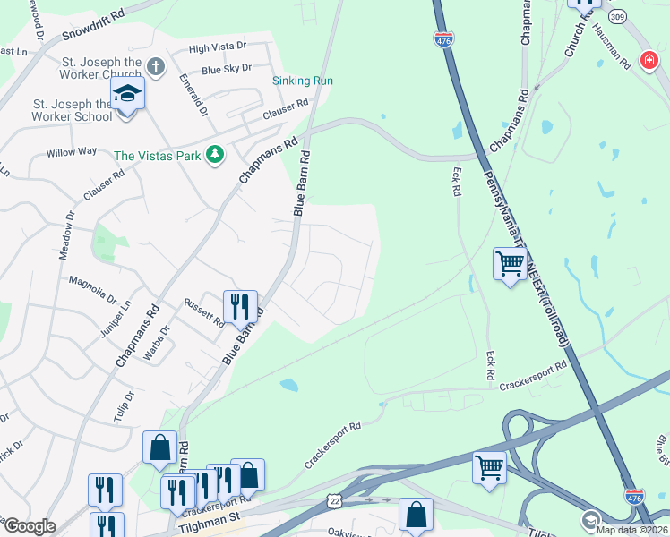 map of restaurants, bars, coffee shops, grocery stores, and more near 1491 Blue Barn Road in Allentown