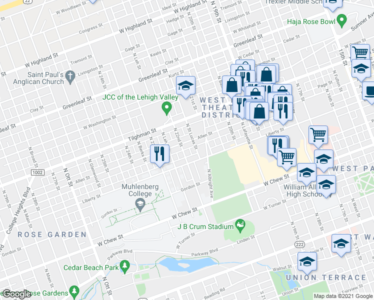 map of restaurants, bars, coffee shops, grocery stores, and more near 2130 Allen Street in Allentown
