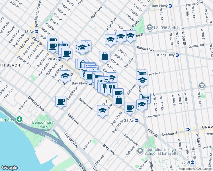 map of restaurants, bars, coffee shops, grocery stores, and more near 2273 85th Street in Brooklyn