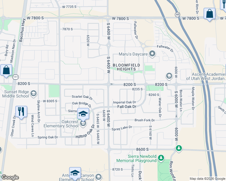 map of restaurants, bars, coffee shops, grocery stores, and more near 6383 8200 South in West Jordan
