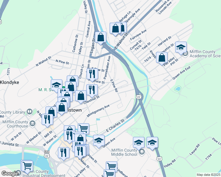 map of restaurants, bars, coffee shops, grocery stores, and more near 127 Chestnut Street in Lewistown