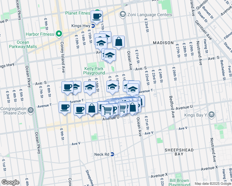 map of restaurants, bars, coffee shops, grocery stores, and more near 1713 Avenue T in Brooklyn