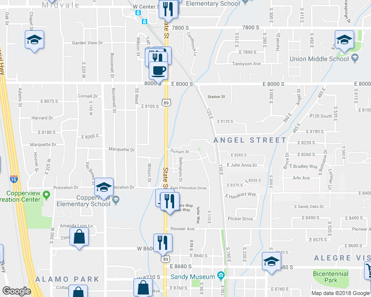 map of restaurants, bars, coffee shops, grocery stores, and more near 8201 South State Street in Sandy