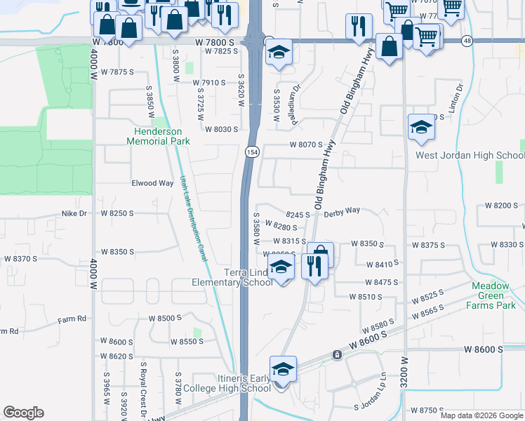 map of restaurants, bars, coffee shops, grocery stores, and more near 3578 8245 South in West Jordan
