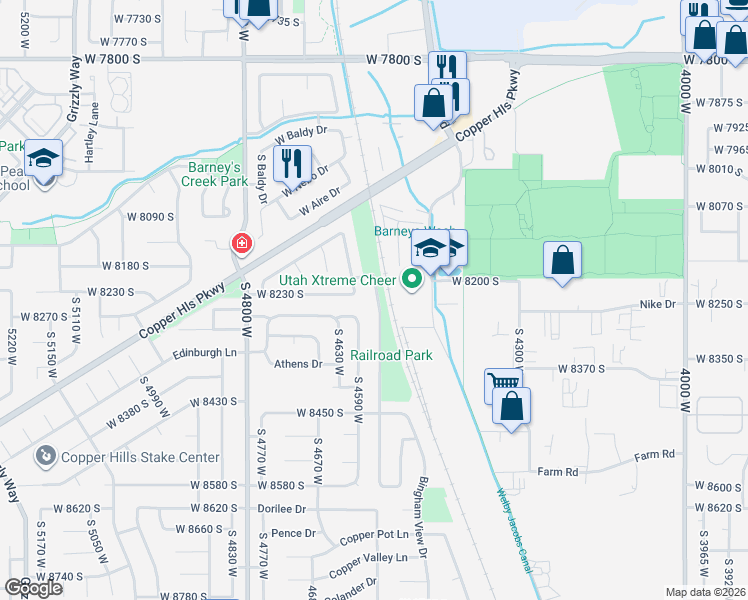 map of restaurants, bars, coffee shops, grocery stores, and more near 8211 Summit Valley Drive in West Jordan