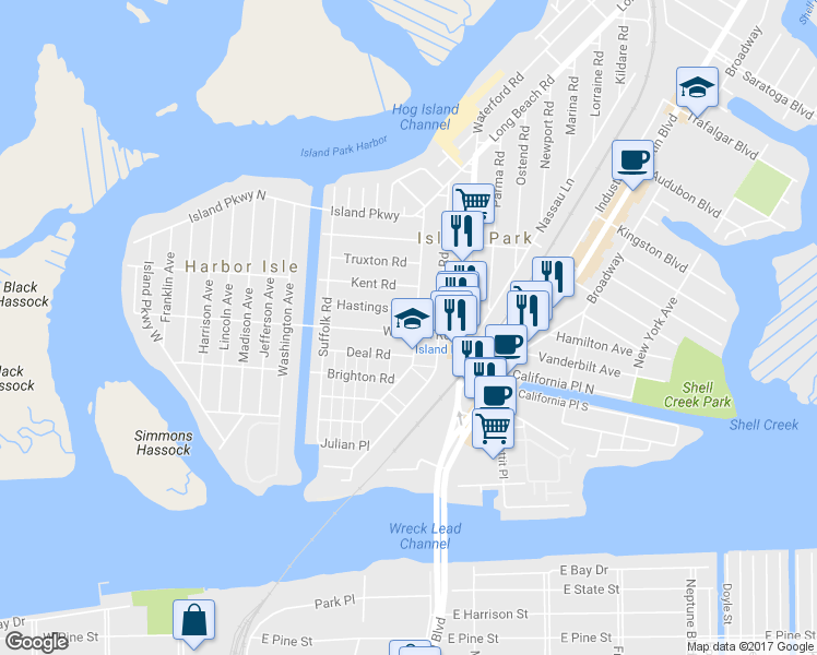 map of restaurants, bars, coffee shops, grocery stores, and more near 131 Radcliffe Road in Island Park