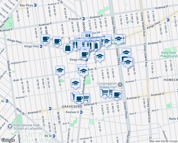 map of restaurants, bars, coffee shops, grocery stores, and more near 337 Avenue S in Brooklyn