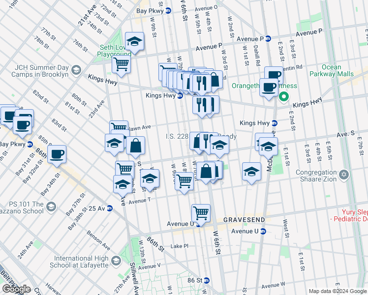 map of restaurants, bars, coffee shops, grocery stores, and more near 1856 West 7th Street in Brooklyn