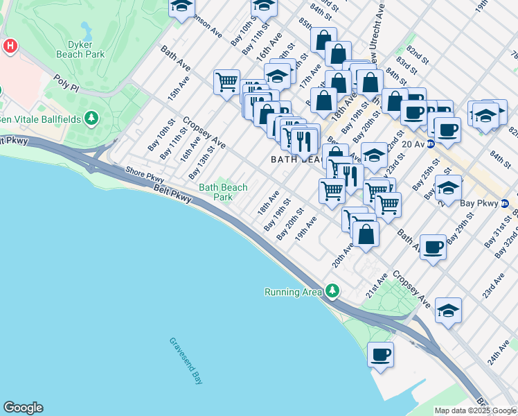 map of restaurants, bars, coffee shops, grocery stores, and more near 8872 18th Avenue in Brooklyn