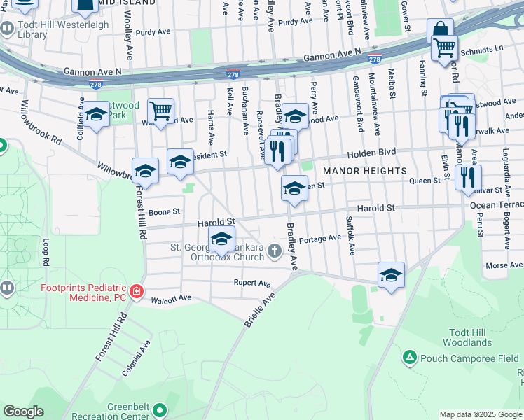 map of restaurants, bars, coffee shops, grocery stores, and more near 557 Buchanan Avenue in Staten Island