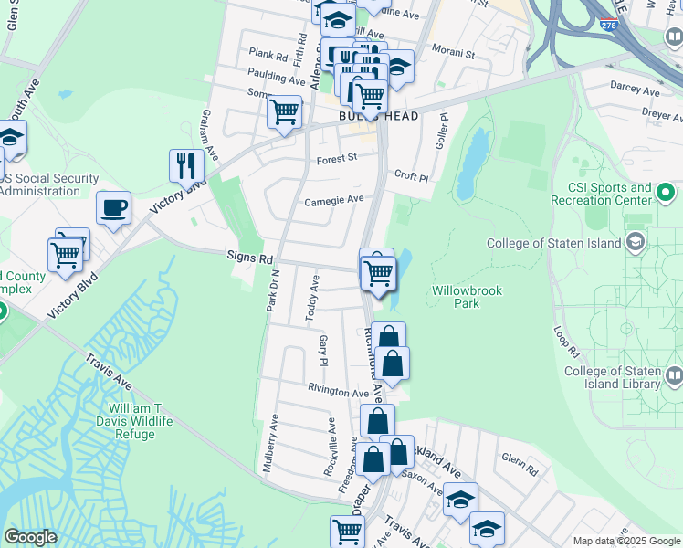 map of restaurants, bars, coffee shops, grocery stores, and more near 29 Signs Road in Staten Island