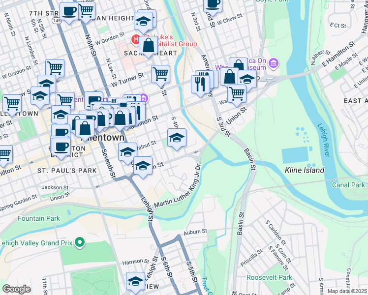 map of restaurants, bars, coffee shops, grocery stores, and more near 414 Walnut Street in Allentown