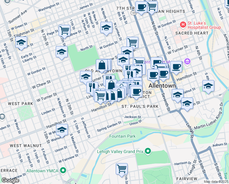 map of restaurants, bars, coffee shops, grocery stores, and more near in Allentown