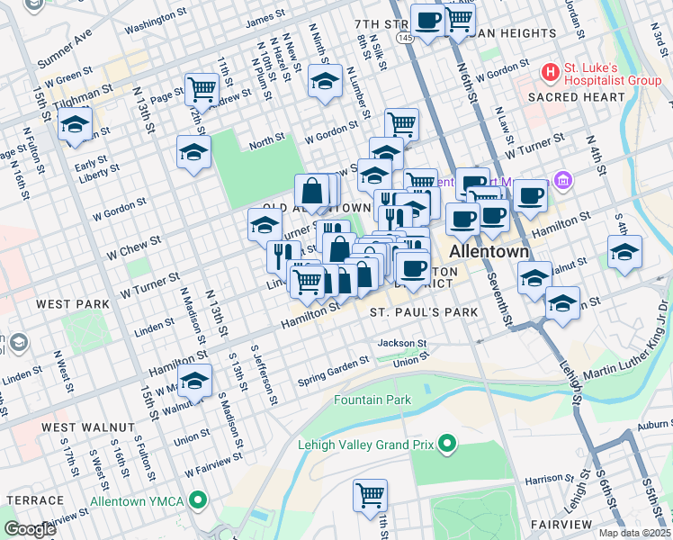 map of restaurants, bars, coffee shops, grocery stores, and more near in Allentown