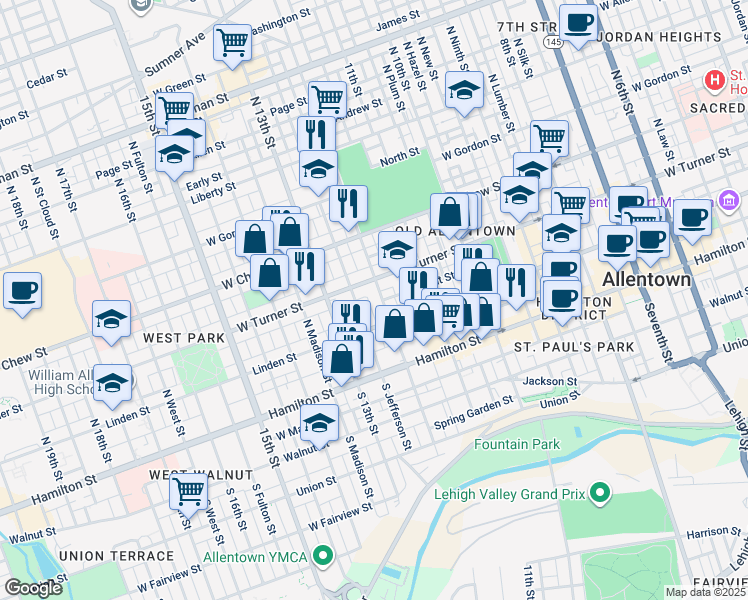 map of restaurants, bars, coffee shops, grocery stores, and more near 148 North 12th Street in Allentown