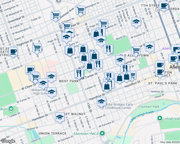 map of restaurants, bars, coffee shops, grocery stores, and more near in Allentown