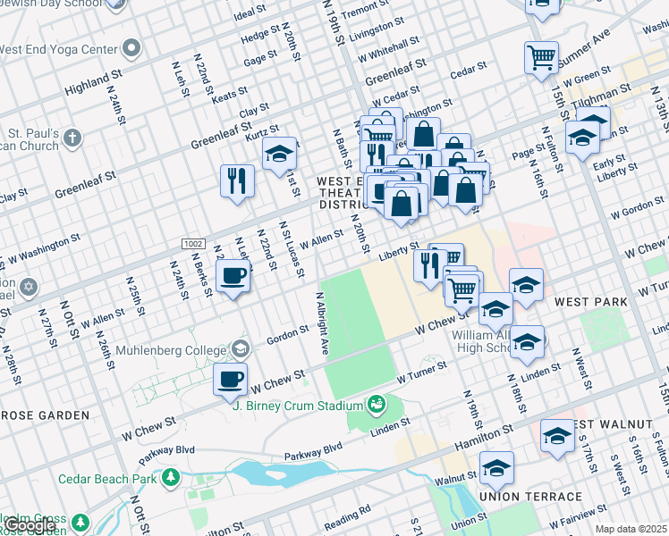 map of restaurants, bars, coffee shops, grocery stores, and more near 521 North 21st Street in Allentown