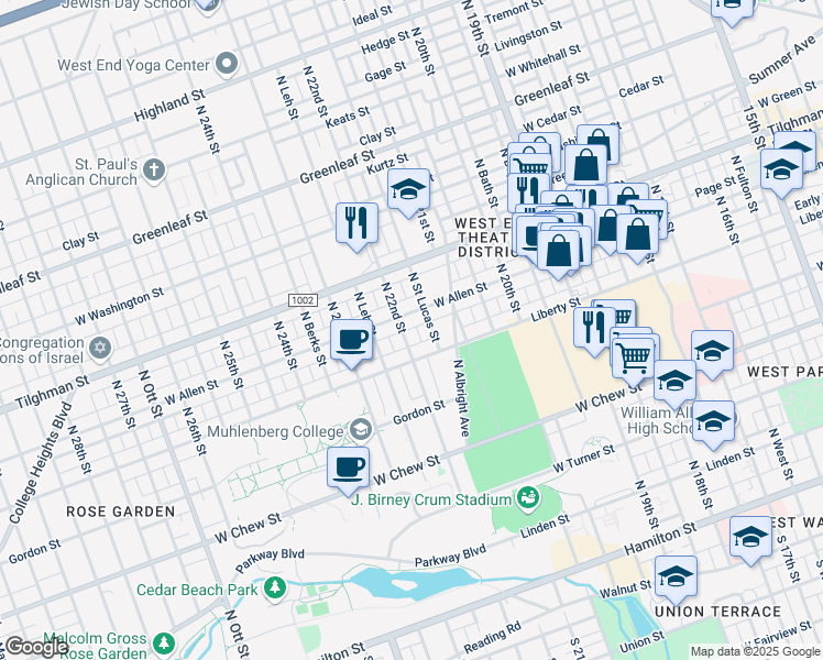 map of restaurants, bars, coffee shops, grocery stores, and more near 2130 Allen Street in Allentown