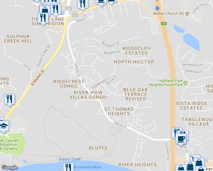 map of restaurants, bars, coffee shops, grocery stores, and more near 412 Alamine Drive in Redding