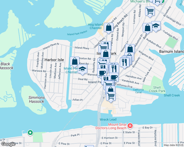 map of restaurants, bars, coffee shops, grocery stores, and more near 131 Radcliffe Road in Island Park
