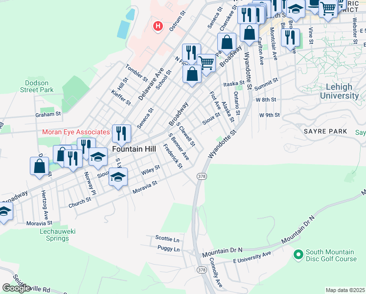 map of restaurants, bars, coffee shops, grocery stores, and more near 529 South Benner Avenue in Fountain Hill