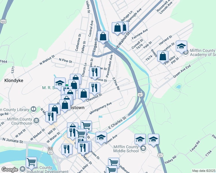 map of restaurants, bars, coffee shops, grocery stores, and more near 16 Park Place in Lewistown