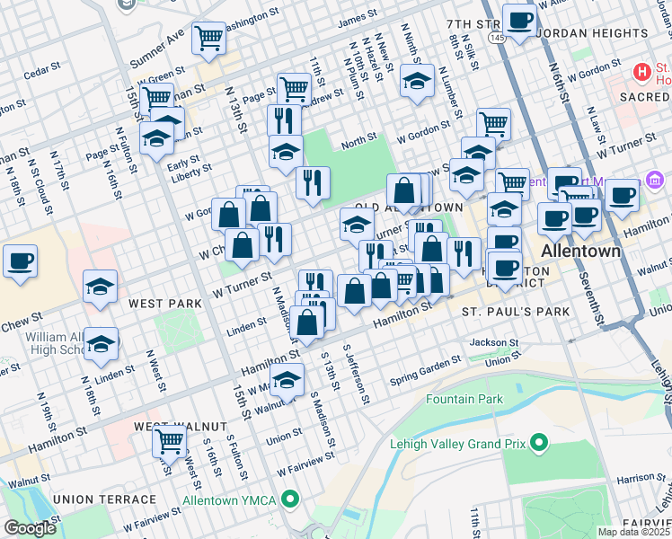 map of restaurants, bars, coffee shops, grocery stores, and more near 148 North 12th Street in Allentown