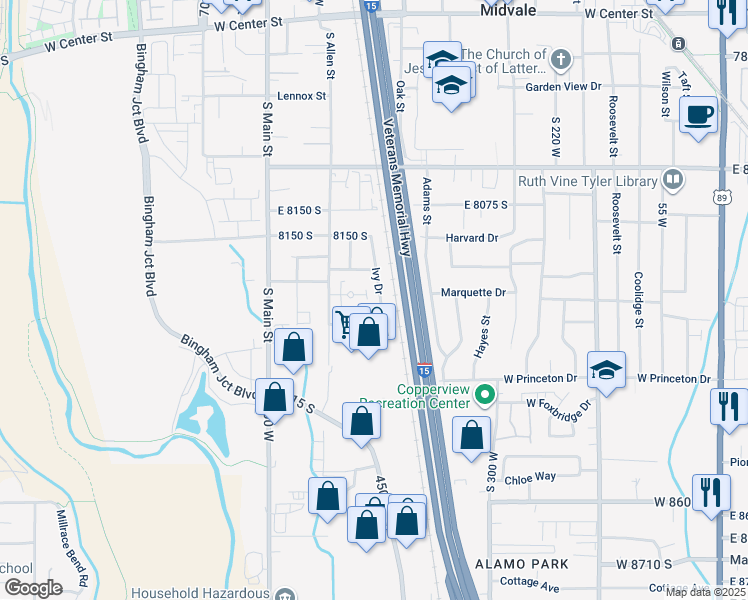map of restaurants, bars, coffee shops, grocery stores, and more near 8228 Ivy Drive in Midvale