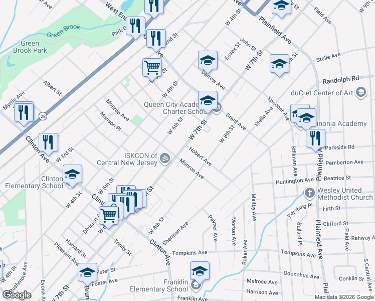 map of restaurants, bars, coffee shops, grocery stores, and more near 937 West 7th Street in Plainfield