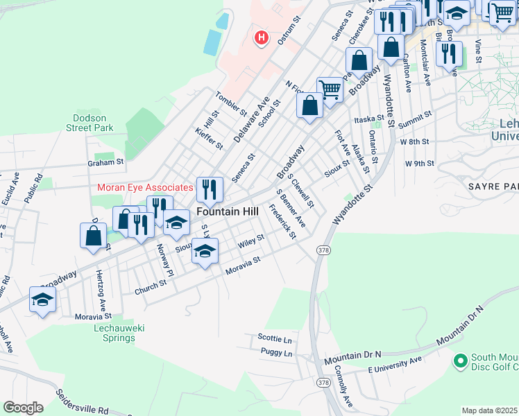 map of restaurants, bars, coffee shops, grocery stores, and more near 519 South Hoffert Street in Fountain Hill