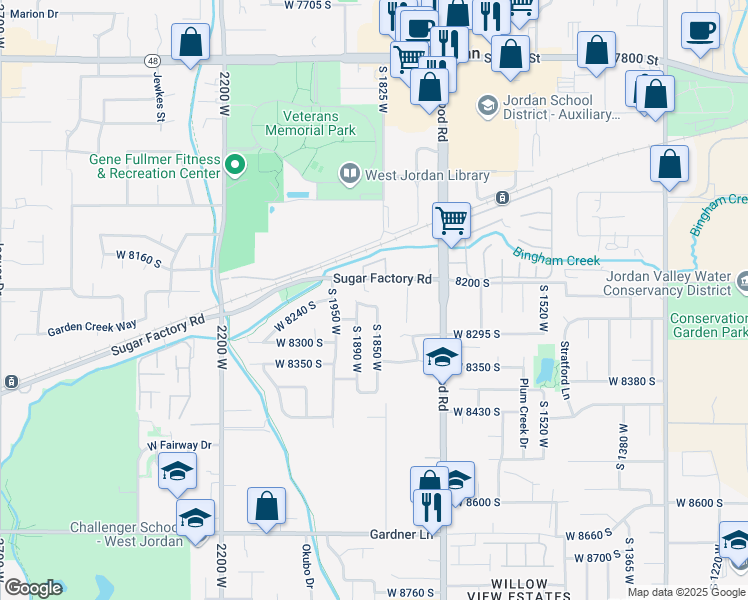 map of restaurants, bars, coffee shops, grocery stores, and more near 1856 West 8250 South in West Jordan