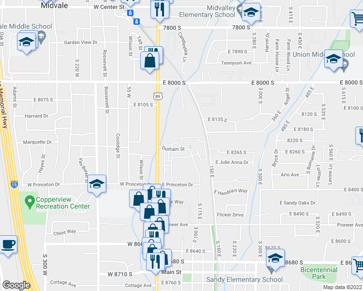 map of restaurants, bars, coffee shops, grocery stores, and more near 74 East Resaca Drive in Sandy